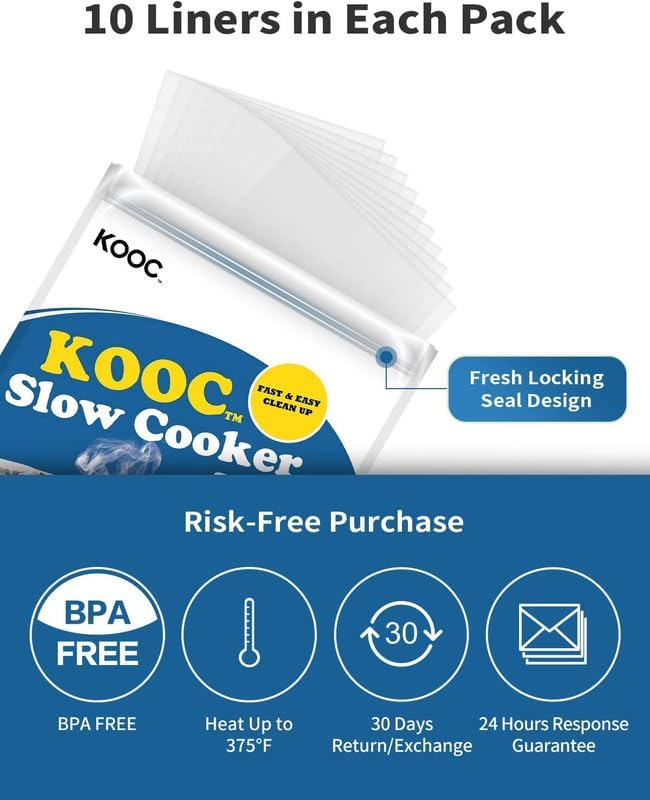 KOOC Slow Cooker Liners 14"x22" 10 Count Extra Large Size Disposable Pot Liners Christmas Cooking Bags Fit 6 qt to 10 qt Pot BPA Free Fresh Locking Seal Design