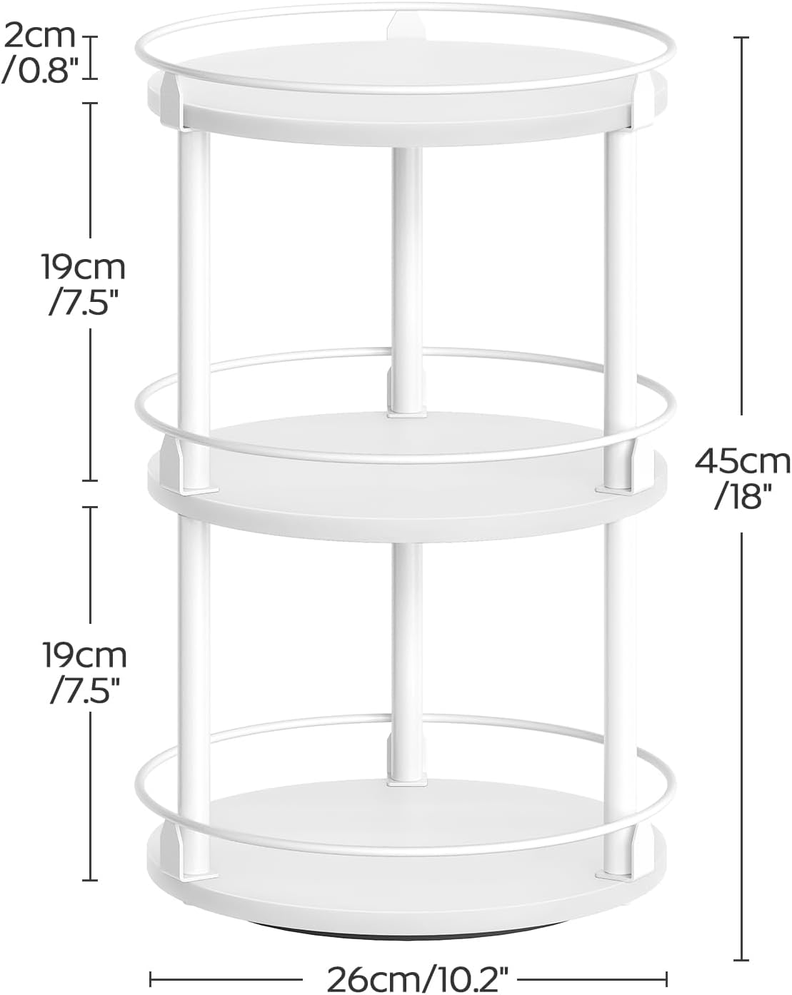 Lazy Susan Organizer, Rotating Spice Rack, 3 Tier Spice Turntable Organizer, Industrial Turntable Spice Holder, for Kitchen Countertop and Cabinet, Compact and Versatile, White SR23WW