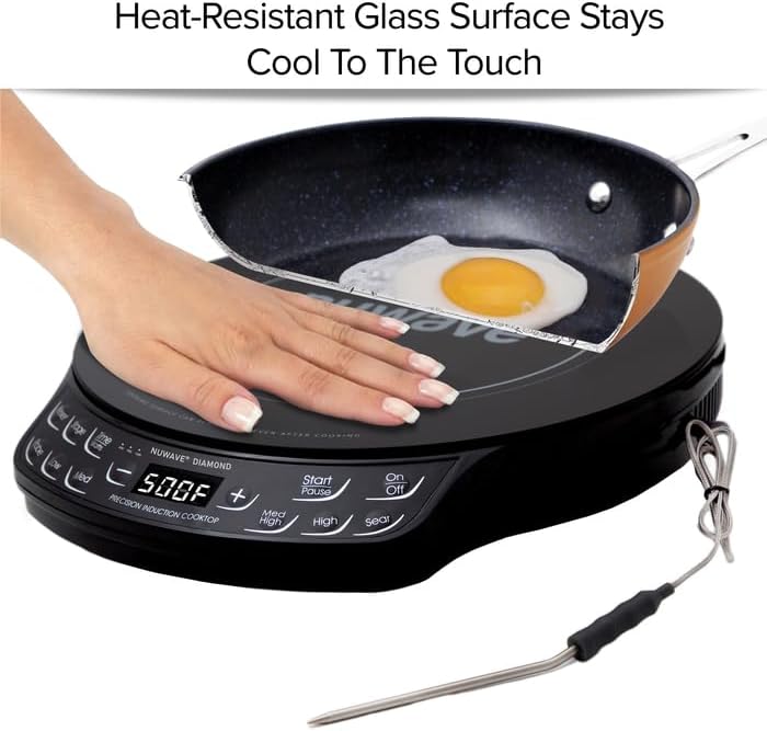 Nuwave Diamond Induction Cooktop, New & Improved Electric Burner with Probe, 91 Temps 50°F to 500°F, 6.5” Heating Coil, Shatter-Proof Ceramic Glass, 3 Wattage Settings, Ideal for Dorms, RVs & Apts