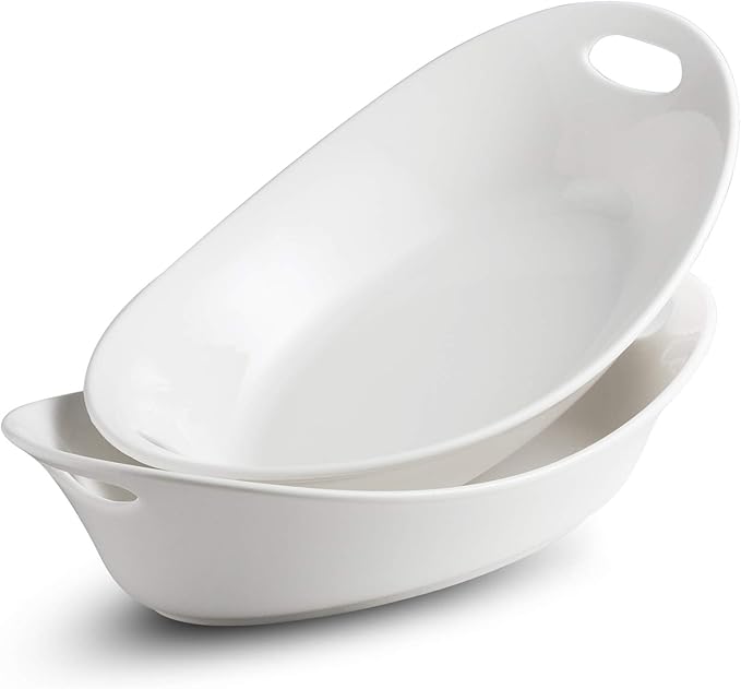 YHOSSEUN Large Serving Bowl with Handles, 1.5 Quarts Oval Serving Platter for Turkey, Thanksgiving Serving Dishes for Entertaining, Ceramic Salad Bowls Set of 2 White