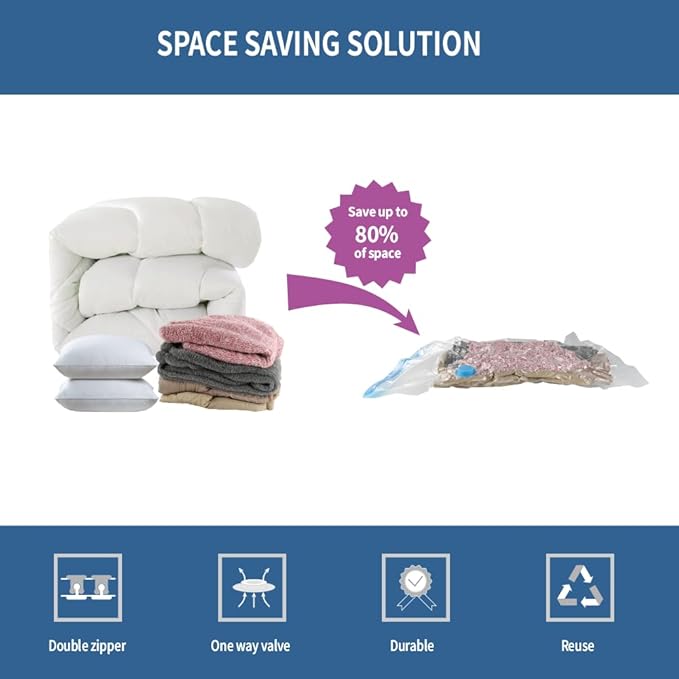 7 Pack Large Space Saver Vacuum Storage Bags for Clothing Travel, Vacuum Seal Compression Bags for Clothes, Packing, Luggage, Blankets, Comforters and Pillows, Hand Pump Included