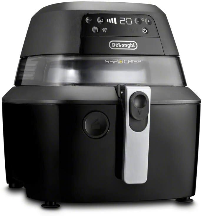 De'Longhi Rapid Crisp Air Fryer, 5-Quart, 1700-Watt XL Cooker, Fries, Crisps, Roasts, Bakes, 5 Preset Functions, Pizza Setting, Up to 20% Faster Cooking, Easy Clean Nonstick, 360° Viewing, Black