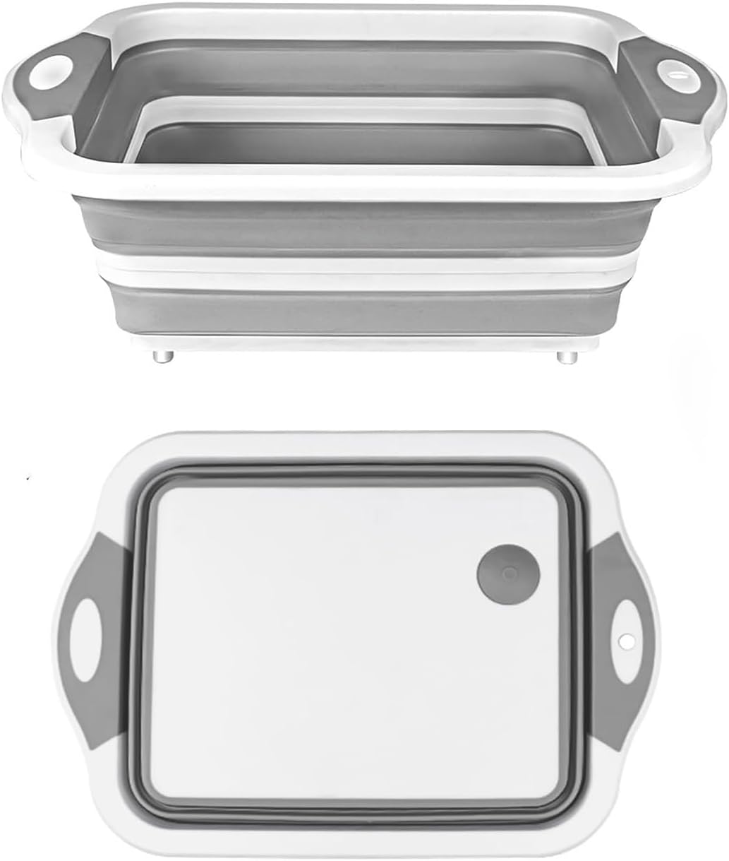 Camping Collapsible Cutting Board Dish Basin BBQ Prep Tub Camp Sink Dish Washing Station Multifunctional Storage Basket(Grey white)