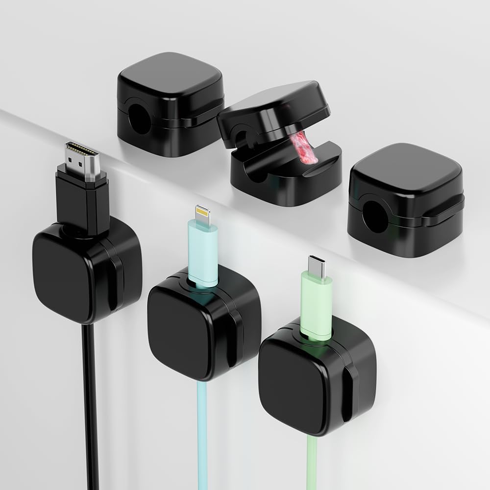 6-Pack Magnetic Cord Holder, Cord Holder with Strong Magnetic Lid, Holds Cables Firmly, 7 mm Charger Holder & HDMI Cord Organizer Clips, Strong Adhesive Pad (Black)