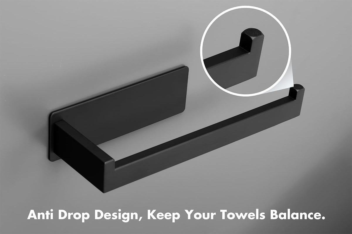 Hand Towel Holder, Strong Self Adhesive Hand Towel Ring, Thicken SUS304 Stainless Steel Hand Towel Bar/Rack, No Drilling Modern Hand Towel Hanger (Matte Black, 2 Pack 9 in)