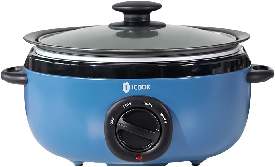ICOOK USC-35-OP001BL 3.5 Quart Slow Cooker,Aluminium Sear/Sauté Stew Pot Stovetop safe,Dishwasher Safe,Glass Lid,Adjustable Temp,Food Warmer,Blue
