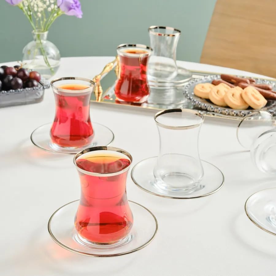 KARACA Sydney Elegant Tea Glass Set of 6 - (12 Piece) Clear Turkish Tea Cup Glasses and Saucers, 5.4 fl oz Curved Design Drinkware Cups, Dishwasher Safe, Platinum