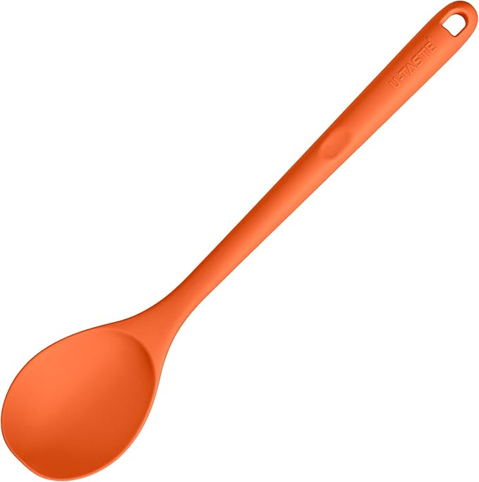 600ºF Heat Resistant Silicone Spoon: U-Taste 13.3in Solid Kitchen Cooking Spoon, Nonstick Food Grade Large & Long Soup Rubber Utensil for Mixing, Serving, Stirring, Basting, for Pot Cookware (Orange)