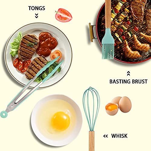 MIBOTE Silicone Cooking Kitchen Utensils Set with Holder, Wooden Handles Cooking Tool BPA Free Turner Tongs Spatula Spoon Kitchen Gadgets Set for Nonstick Cookware (Teal)