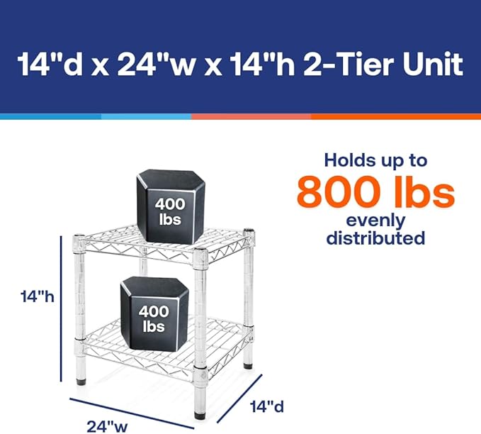 Shelving Inc. 14" d x 24" w Chrome Wire Shelving with 2 Tier Shelves, Weight Capacity 800lbs Per Shelf