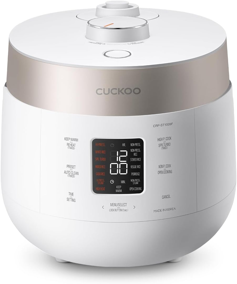 CUCKOO CRP-ST1009FW 10-Cup (Uncooked) / 20-Cup (Cooked) Twin Pressure Rice Cooker & Warmer with Nonstick Inner Pot, 16 Menu Options, 3 Voice Guide, Auto Clean (White)