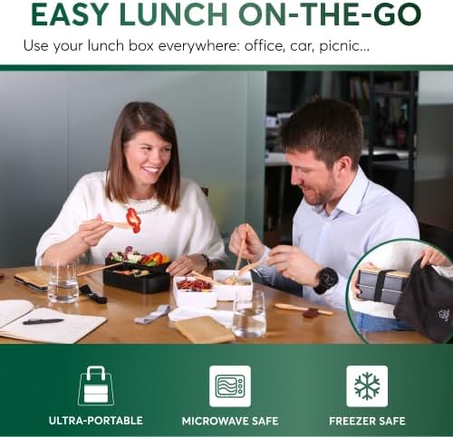 Umami Bento Box Adult All-In-1 w/4 Utensils, 2Sauce Jars, 2 Dividers, 100% Leakproof, Microwave & Dishwasher Safe, Stackable Bento Lunch Box Containers for Men/Women, White Bamboo, 40 oz