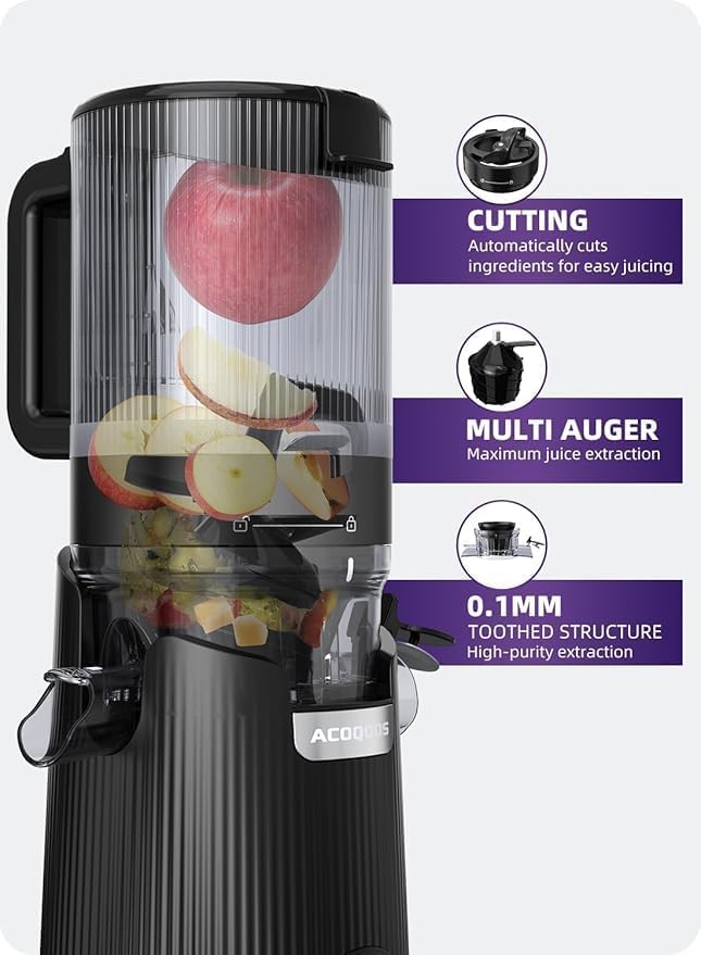 ACOQOOS Juicer Machines, 5.3" Wide Chute for Whole Fruit and Vegetable,1.8L Auto-Feed Time-Saver, Slow Masticating High Yield, Easy to Clean Cold Press Juicer with 2 Cups