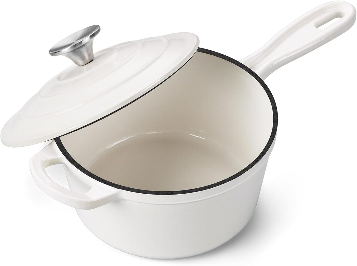 2 Quart Saucepan Dutch Oven, Onader Enameled Cast Iron Sauce Pan Pot with Lid, Small Cooking Kitchen Pot, Nonstick & Oven Safe – White