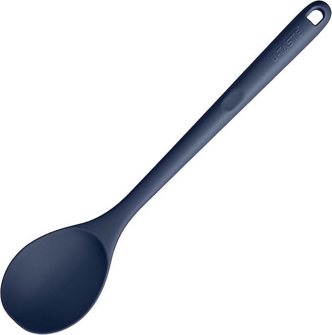 600ºF Heat Resistant Silicone Spoon: U-Taste 13.3in Solid Kitchen Cooking Spoon, Nonstick Food Grade Large Soup Rubber Utensil for Mixing, Serving, Stirring, Basting, for Pot Cookware (Midnight Blue)