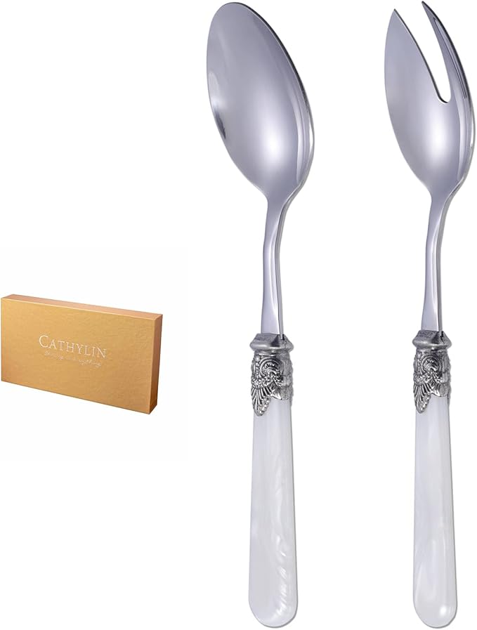 2-piece Salad Servers Stainless Steel Salad Serving Set Salad Fork and Spoon (White)