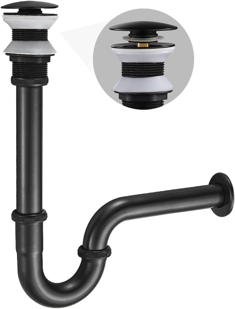 U Shape P-trap Stopper Complete Set, Adjustable Height 1-1/4 Bottle Trap Basin Sink Waste Drain P Trap Set Without Overflow, Oil Rubbed Bronze