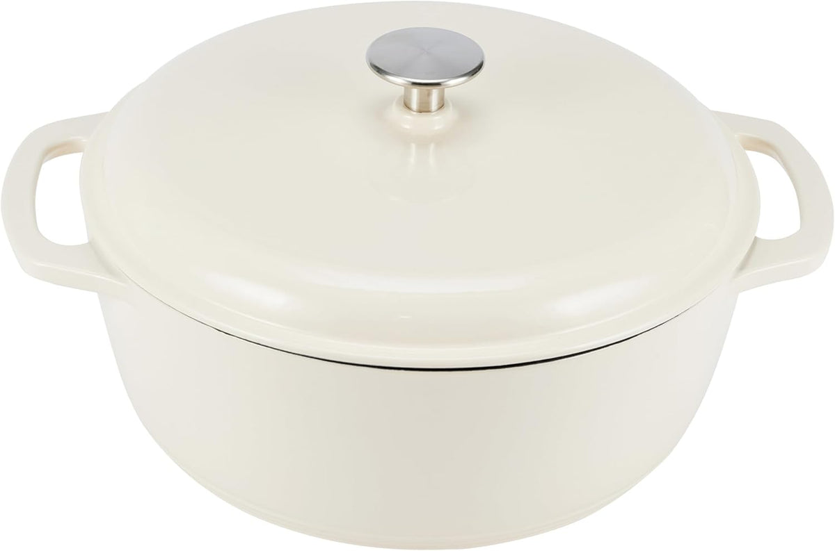 Amazon Basics Cast Iron Dutch Oven Pot with Lid, Enameled, Round, Dual Handles, Heavy-Duty, Small, 4.3-Quart, White