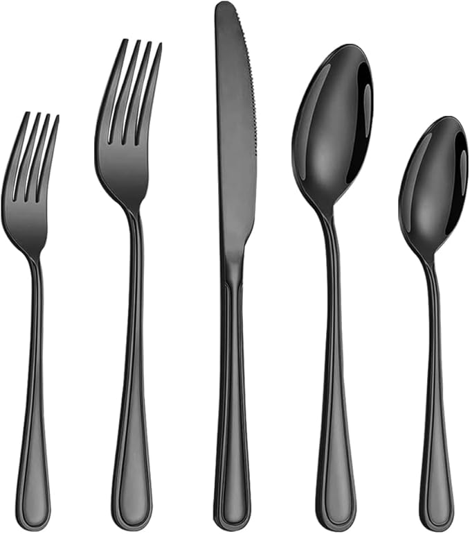 40 Pcs Black Silverware Set for 8 with Simple Striped Handle Design, Food Grade Stainless Steel Flatware Set, Eating Utensils Sets Include Fork/Knife/Spoon, Cutlery Set, Dishwasher Safe