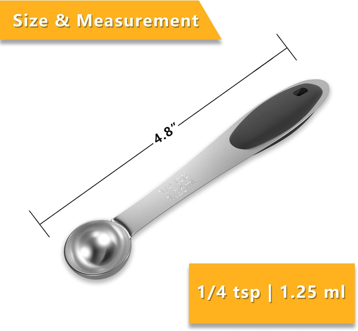 2PCS 1/4 Tsp(1.25ml) Single Measuring Spoon with Black Silicone Grip, Stainless Steel Individual Measure Scoop Only