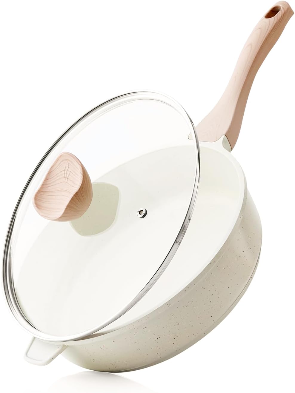 Nonstick Ceramic Deep Frying Pan, 10 Inch Non Toxic Skillet with Lid, Healthy Jumbo Cooker, Saute Pan for Cooking, Induction Cookware, PFOA & PFAS Free (Cream)