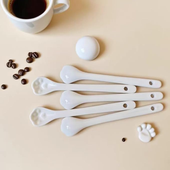 White Long Handle Porcelain Spoons Coffee, Tea, Yogurt and Ice-cream, Cutlery Fitting Paw Ceramic Spoons 5.7 Inch Set of 10 (10, Paw-5.7 inch)