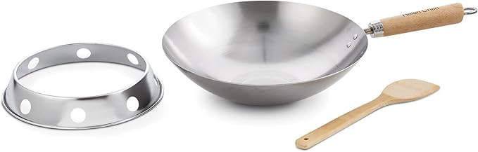 Helen's Asian Kitchen Round Bottom Wok Set, Carbon Steel and Bamboo, 12-Inches, 4-Piece Set