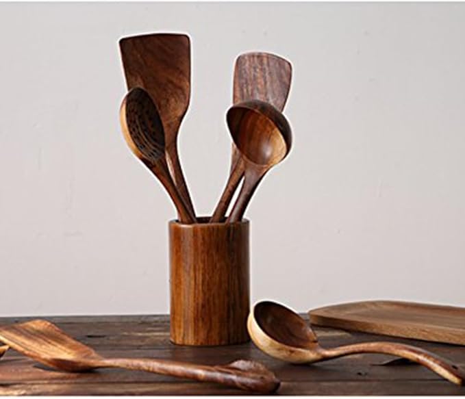 Wooden Spoons for Cooking, 4 Pcs Wooden Natural Teak Wood Spatulas Spoon, Nonstick Kitchen Utensil Set