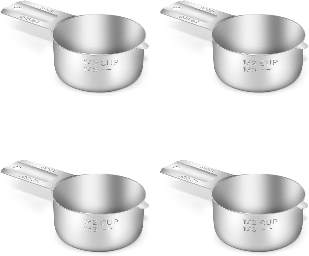 4PCS 1/2Cup (120ml, 4oz) Single Measuring Cup, Stainless Steel Measure Scoop, Metric and US Measurement, Dishwasher Safe