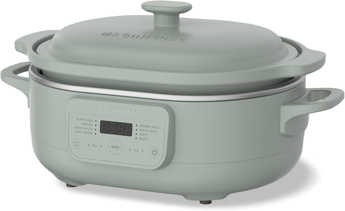 4 Quart Programmable Slow Cooker with Flexible Easy Programming, 8-in-1 Multi-Cooker with Dishwasher Safe Lid & Removable Crock Pot & Wooden Spoon, Nonstick, Oven Safe Pot to 500°F, Olive