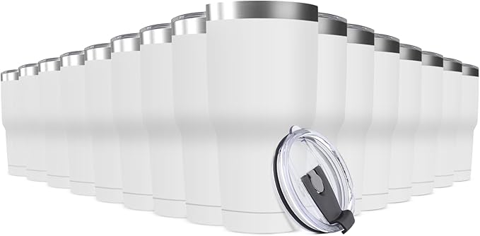30oz Stainless Steel Travel Mug with Lid, 16 Pack Double Wall Vacuum Insulated Bulk Tumbler, Powder Coated Coffee Cup Suitable for Vehicle Cup Holders (White)