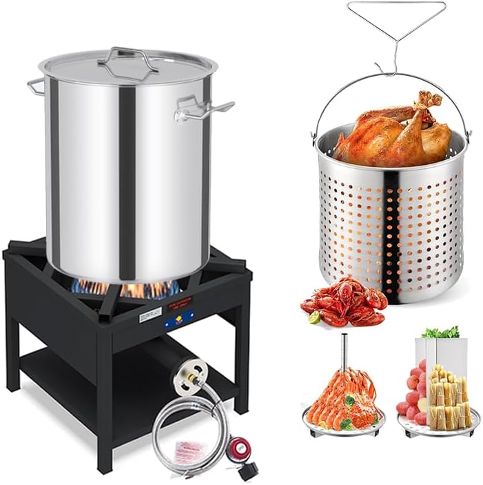 ARC 52QT Seafood Boiling Kit, 200,000BTU Propane Burner And Stainless Steel Crawfish Boil Pot w/Basket and Steamer Rack, For Outdoors Cooking and Steaming, Large Turkey Fryer, Lobster Shrimp Pot