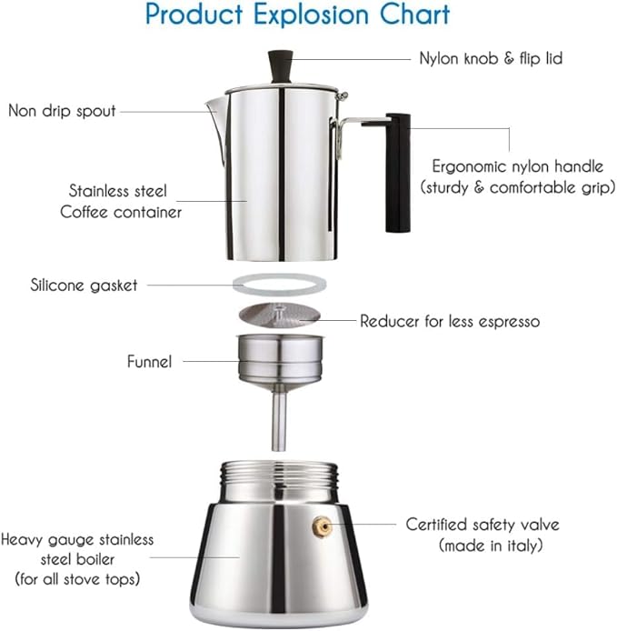 Easyworkz Pedro Stovetop Espresso Maker 6Cup 300ml Stainless Steel Italian Coffee Machine Maker Moka Pot Induction Espresso Pot