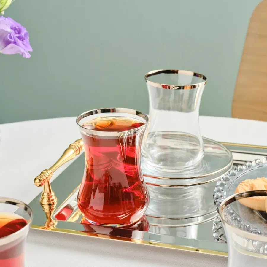 KARACA Sydney Elegant Tea Glass Set of 6 - (12 Piece) Clear Turkish Tea Cup Glasses and Saucers, 5.4 fl oz Curved Design Drinkware Cups, Dishwasher Safe, Platinum
