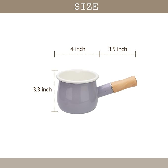 Enamel Milk Pot, Butter Warmer Non-stick Mini Saucepan, 4 Inch 17 Oz Small Cookware with Wooden Handle(Purple)