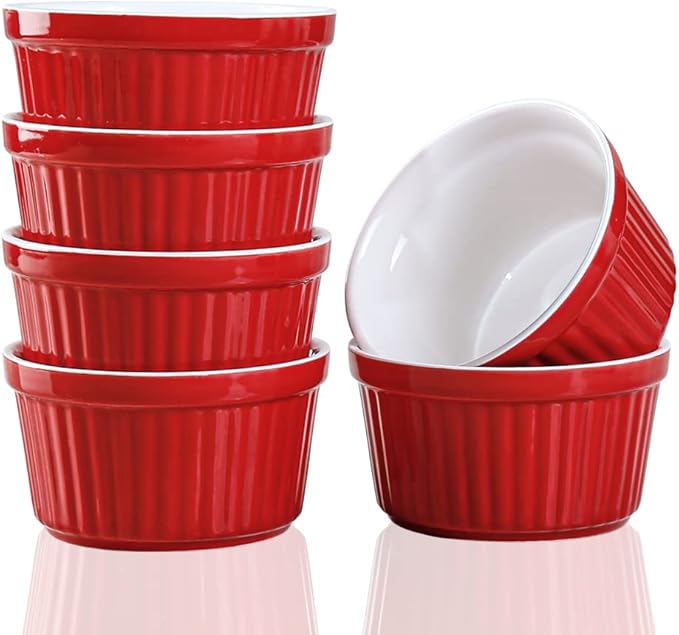 Ramekins 6oz Oven Safe,Creme Brulee Ramekin and Souffle Dishes,Porcelain Baking Bowls,Dipping Sauce Dish.Pudding Cups,Set of 6,Red