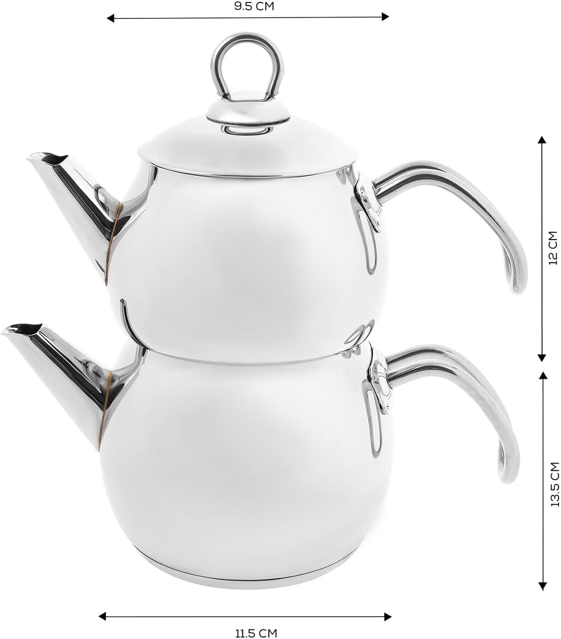 Karaca Adelya Stainless Steel Induction Teapot Set with 0.65L Teapot & 1.1L Tea Kettle, Traditional Turkish Tea Set Brewing System, Dishwasher Safe, Silver