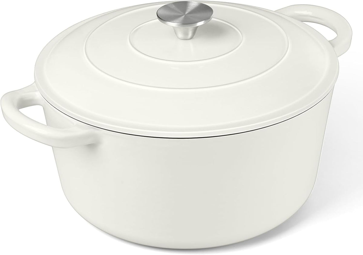 P&P CHEF 6QT Enameled Dutch Oven, Cast Iron Dutch Oven Pot with Lid for Bread Baking, Enameled Casserole Pot for Roasting Braising Stewing Frying Simmering, Various Stoves & Easy Clean, White