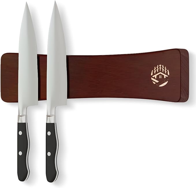 Magnetic Knife Holder for Wall 10 Inch, Premium Oak Wood Magnetic Knife Strip with N52 Strong Magnets, No Drilling Wooden Knife Rack Bar for Kitchen Knives & Tools（Black Walnut Color）