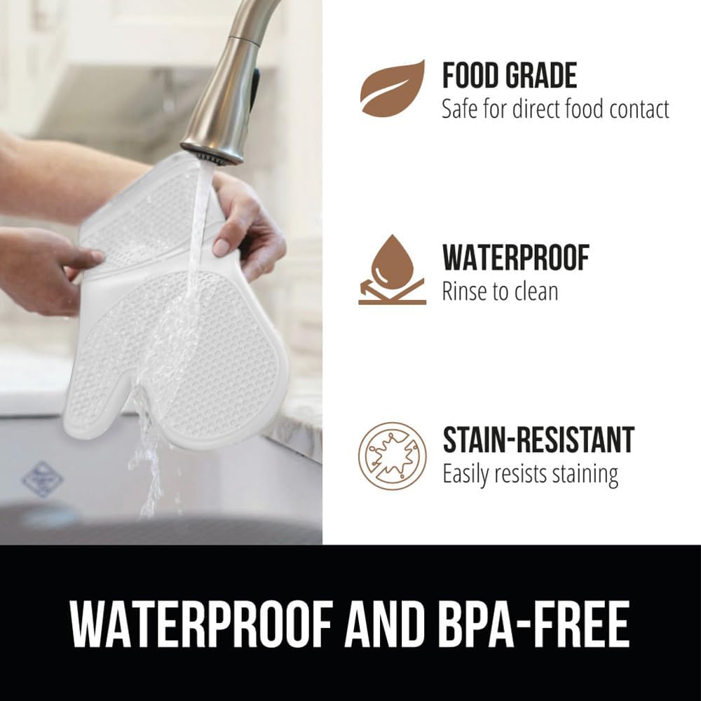 GORILLA GRIP BPA-Free Soft Silicone Oven Mitts, Heat Resistant and Waterproof Cooking Gloves, Thick Cotton Lining, Flexible Gripping for Baking Grilling, Kitchen Potholders Set of 2, 12.5x8.3, White
