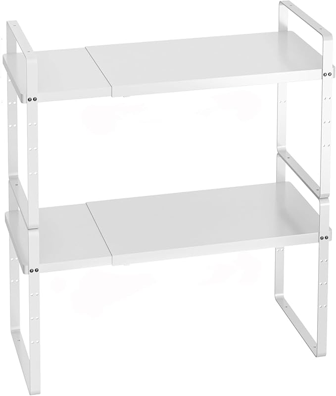 iPEGTOP Expandable Cabinet Storage Shelf Organizer Rack, 2 Pack Heavy Duty Steel Metal Spice Rack Adjustable Height Garage Pantry Shelf Space Riser for Counter Kitchen Organization, White