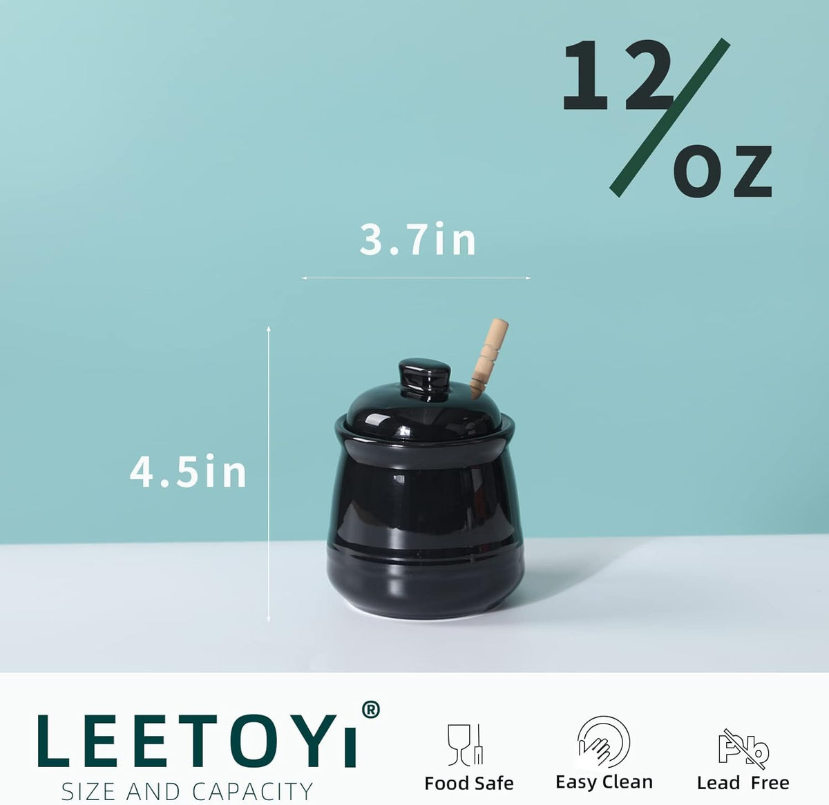 LEETOYI Ceramic Honey Jar with Lid and Dipper,Honey pot for Kitchen,12oz (Black)