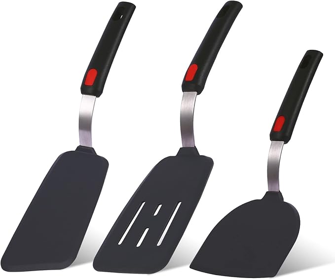 Kitchen Cooking Utensils Large Silicone Spatulas Turner Heat Resistant 3-Pack Set For Nonstick Cookware,BPA-Free Rubber Thin Slotted Flexible Flipper Spatula for Egg,Pancake,Fish,Cookie,Steak