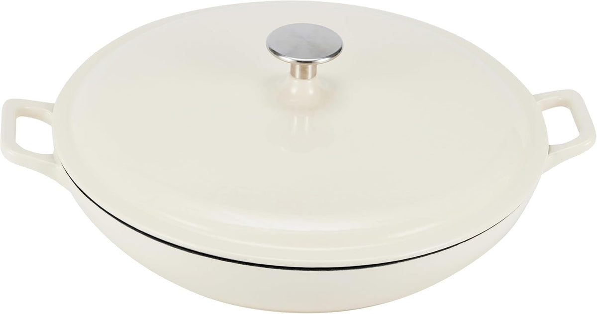 Amazon Basics Enameled Cast Iron Covered Round Casserole Skillet with Lid for Oven, 3.3-Quart, White