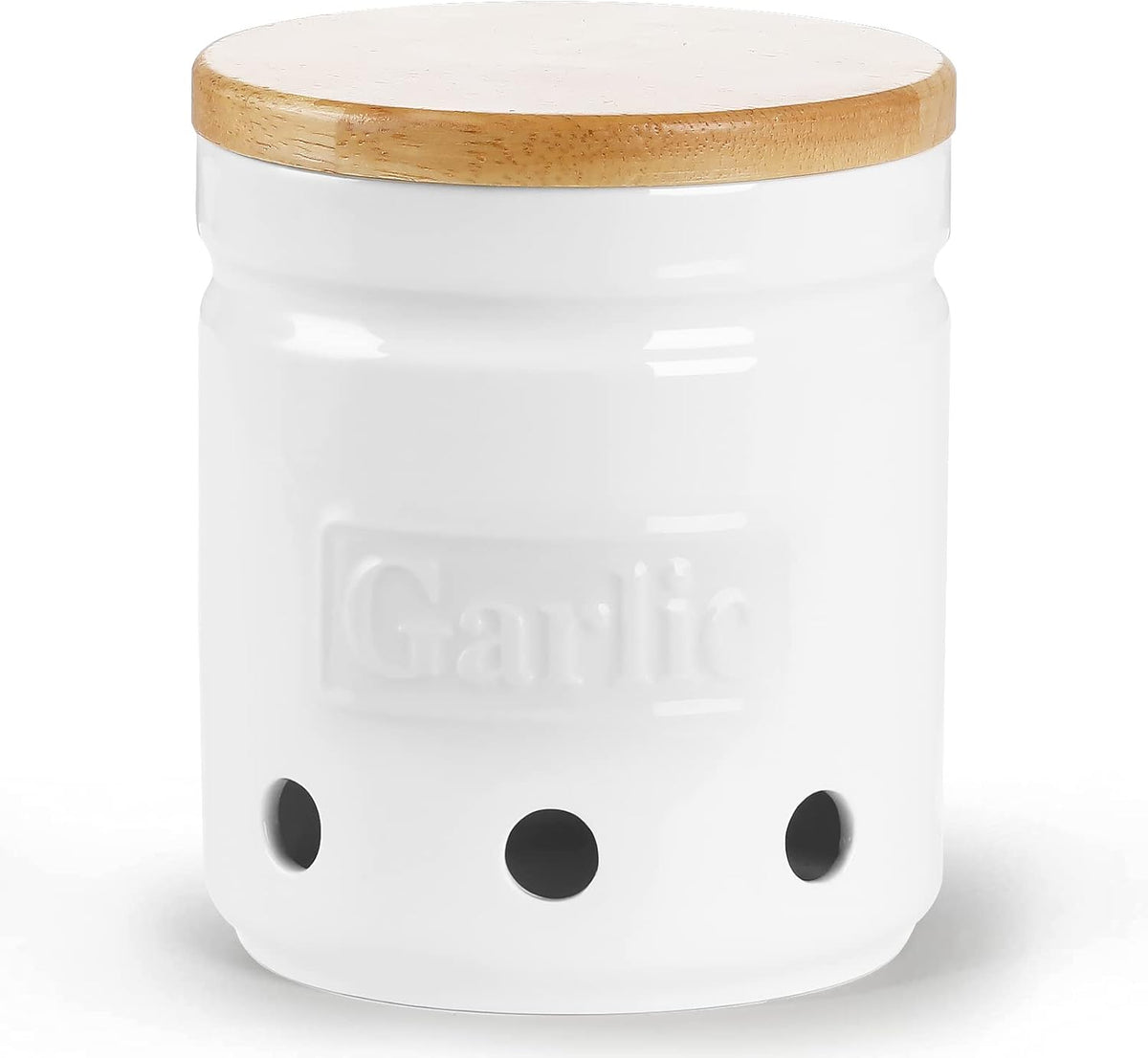 Large Garlic Keeper with Wooden Lid, Ceramic Garlic Holder Storage, Garlic Container for Kitchen, Garlic Saver to Keep Your Garlic Cloves Fresh Longer 4.5-Inch, White