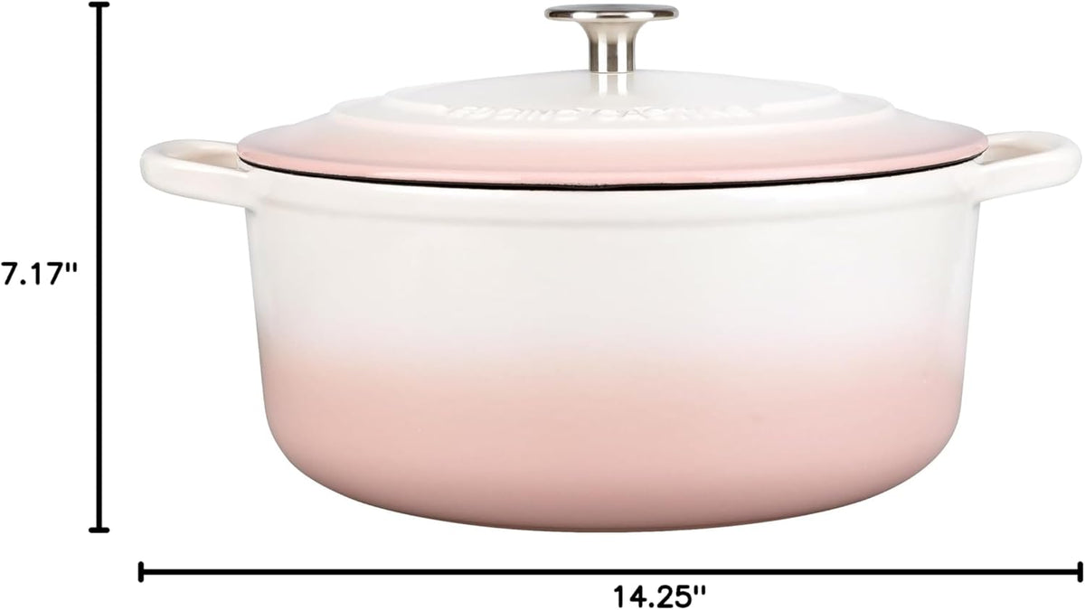Enameled Cast Iron Dutch Oven Pot With Lid, 7 Quart, for Bread Baking, Cooking, White-Pink