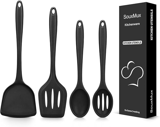 4 Pcs Silicone Kitchen Utensils Set, Wok Spatulas-Slotted Turner-Cooking Spoon-Slotted Spoon, Nonstick BPA Free High Heat Resistant Cooking Utensils for Frying, Mixing, Serving, Draining, Stirring