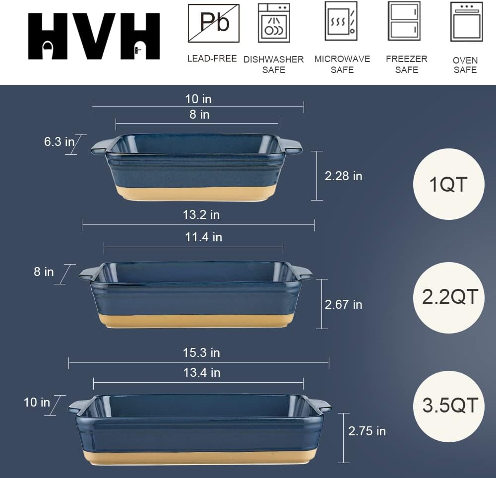 HVH Baking Dish Set, 9x13 Baking Dish, Large Casserole Dish Set, Ceramic Lasagne Pan Deep, Baking Dishes for Casseroles 13 x 9, Ceramic Bakeware Set of 3, Farmhouse Style (Blue)