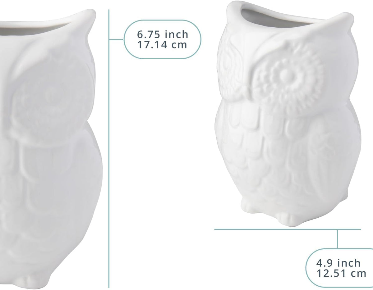 Comfify Owl Utensil Holder Decorative Ceramic Cookware Crock & Organizer, in Lovely White Color - Utensil Shaped Caddy and Perfect Kitchen Ceramic Decor Gift for Countertop - 5” x 7” x 4” Size