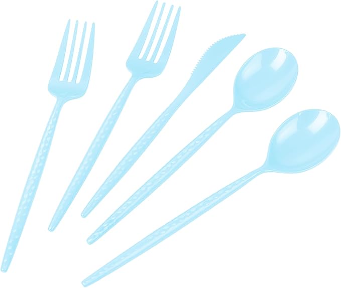 LIYH 150 Pcs Baby Blue Plastic Cutlery Sets - Light Blue Plastic Silverware Heavyduty, Disposable Utensil Sets, 50 of Each Forks, Knives & Spoons Flatware Set for Party Birthday